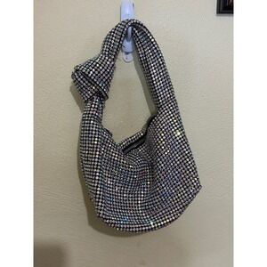 Madison West Iridescent Rhinestone Mesh Knotted Hobo Bag Silver Shimmer Evening